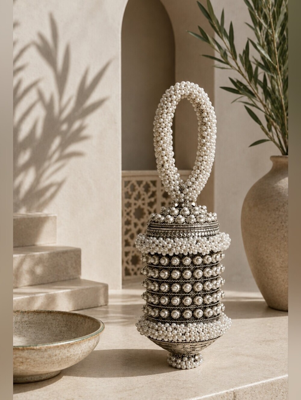 NWT RAMLA Handmade Cocktail Pearl Beaded Lantern Handbag
